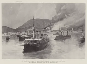 The Eastern Crisis, scene ud for Canea, Kreta, den 5. februar, en del af byen i brand